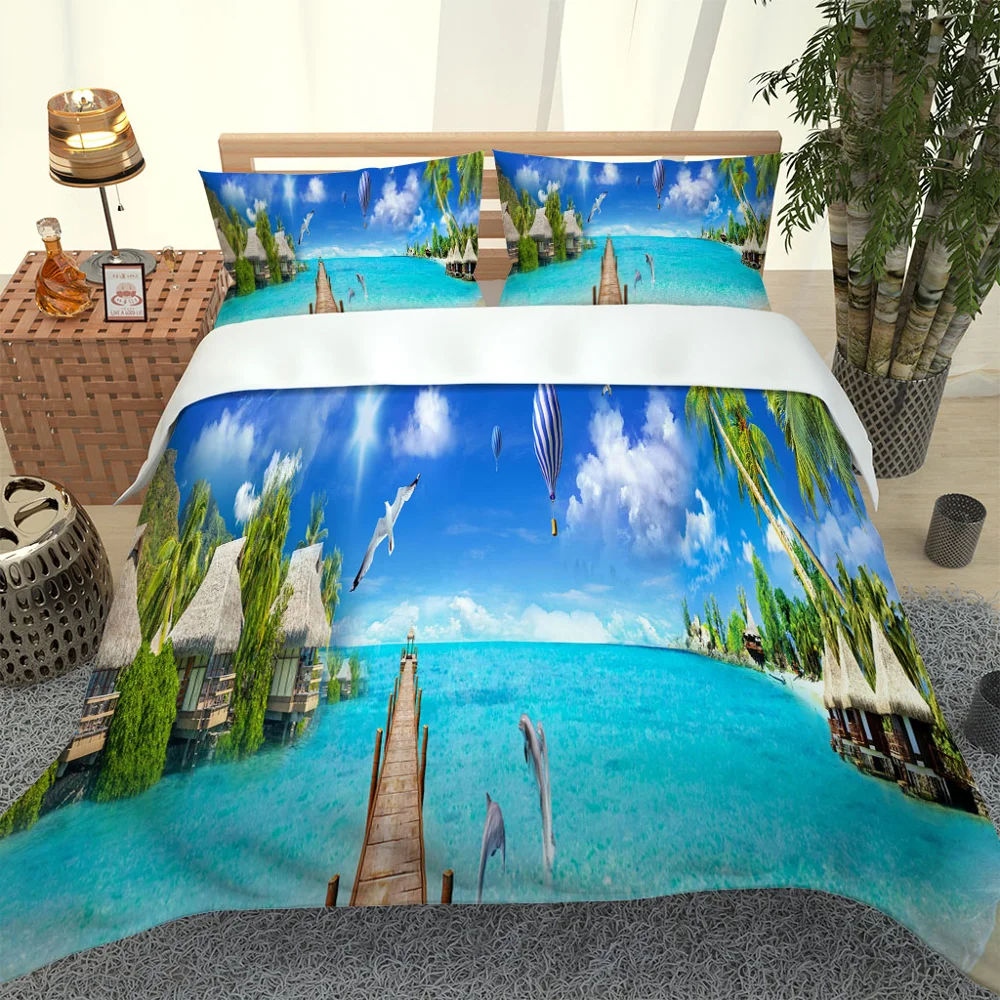 twin bedding blue beach wood birdge set Pillowcase Polyester Bed Set Home Textiles | Дом и сад
