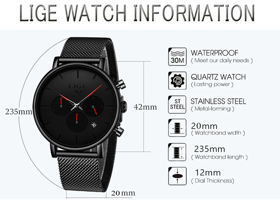 Relojes LIGE мужские часы из сетчатой стали, модные брендовые Роскошные спортивные ультра-тонкие кварцевые часы, мужские повседневные водонепроницаемые часы с датой