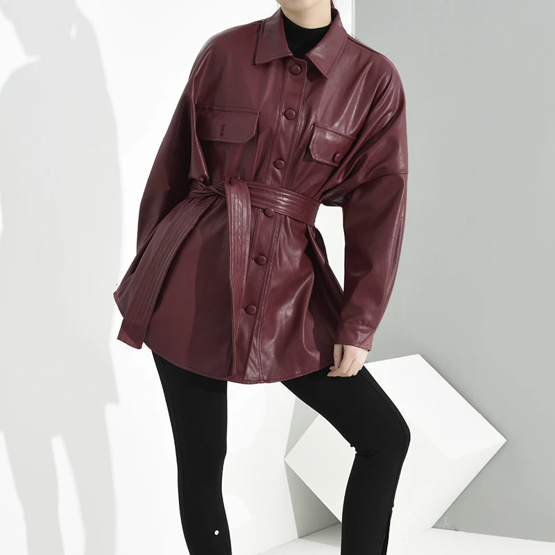 LANMREM 2020 отложной воротник винно красный полный рукав однобортный искусственная