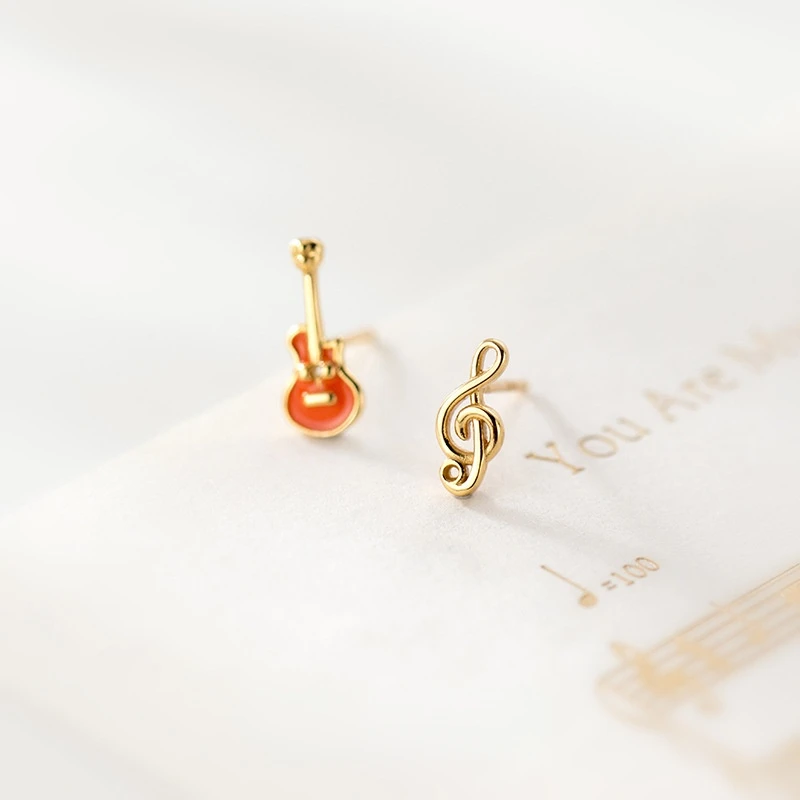 

925 Sterling Silver Tiny Cute Violin & Note Stud Earrings Fashion For Girls Lady Jewelry