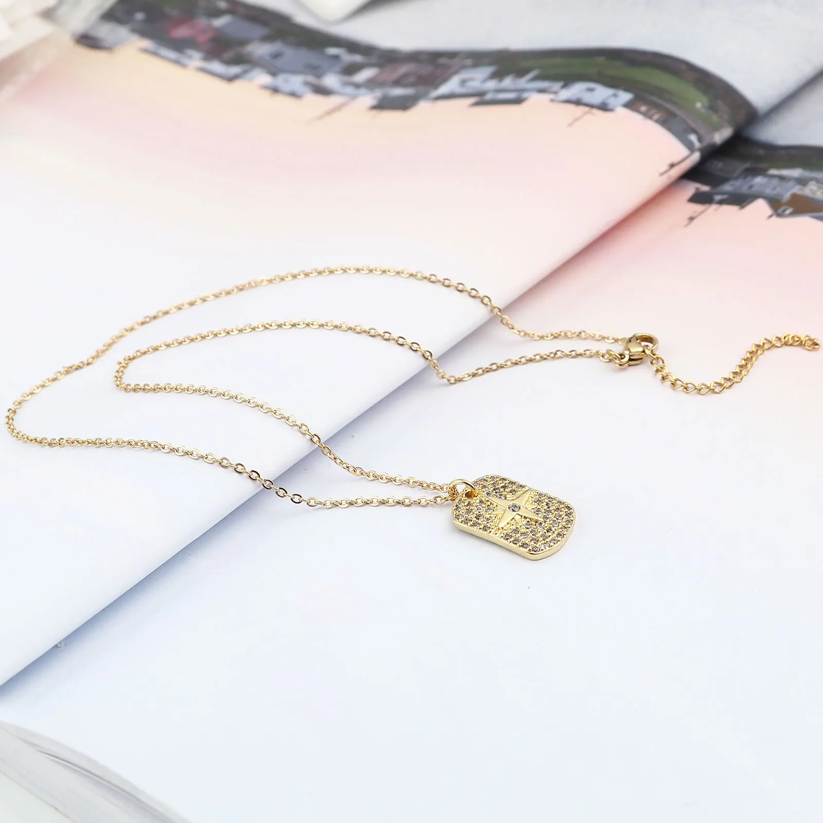

Fashion Tainless Steel Galaxy Link Cable Chain Necklace Rectangle Star Micro Pave Clear Cubic Zirconia Charm Necklace 45cm Long