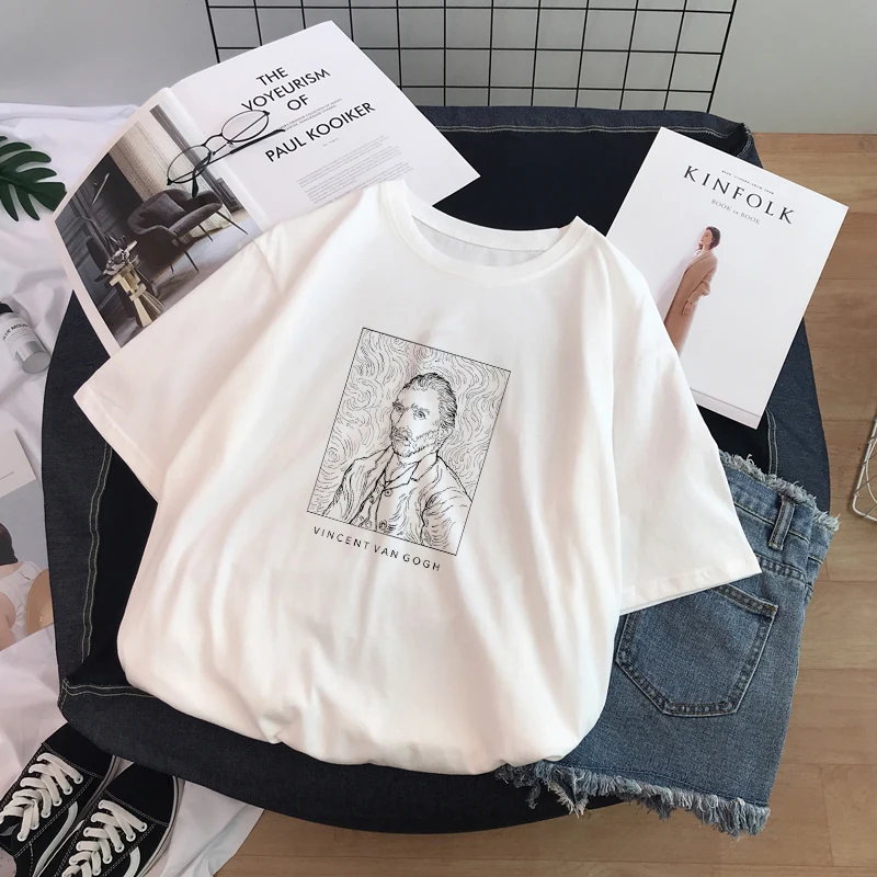 Забавная черно белая женская Футболка Harajuku с рисунком Ван Гога шикарная