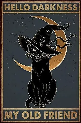 

Кот Ведьма Хэллоуин Здравствуйте темнота мой старый друг жестяная вывеска пиво Миллер бар ден картина на Хэллоуин табличка 8x12 дюймов