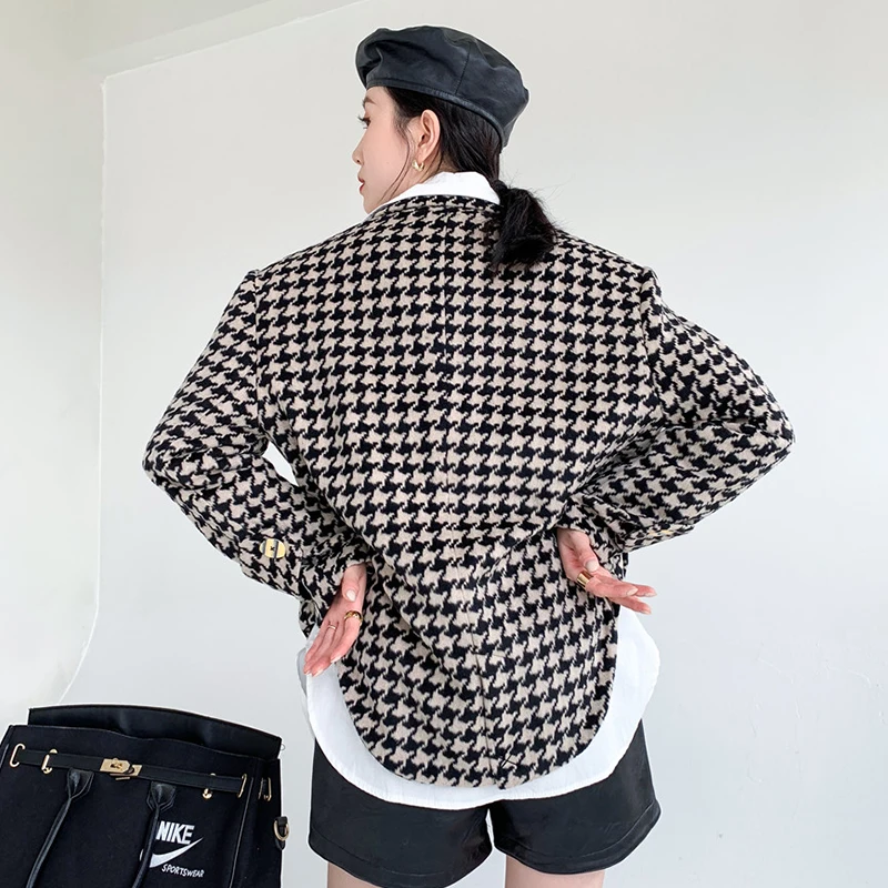 

Woolen Coat Houndstooth Frayed Tweed Crop Blazer Jacket Notched Collar Single Breasted Spring Elegant Vintage Lady Outerwear