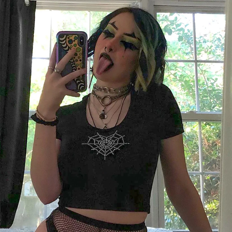 

Cotton Punk Love Spider Hot Rhinestone T-shirt Women High Waist Slim Short Cropp Top black vintage Female clothing dropshipping