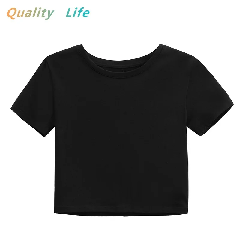 

2021 Summer New Women's Short Slim Round Neck Navel Cotton Korean Fashion Net Red INST Shirt Women