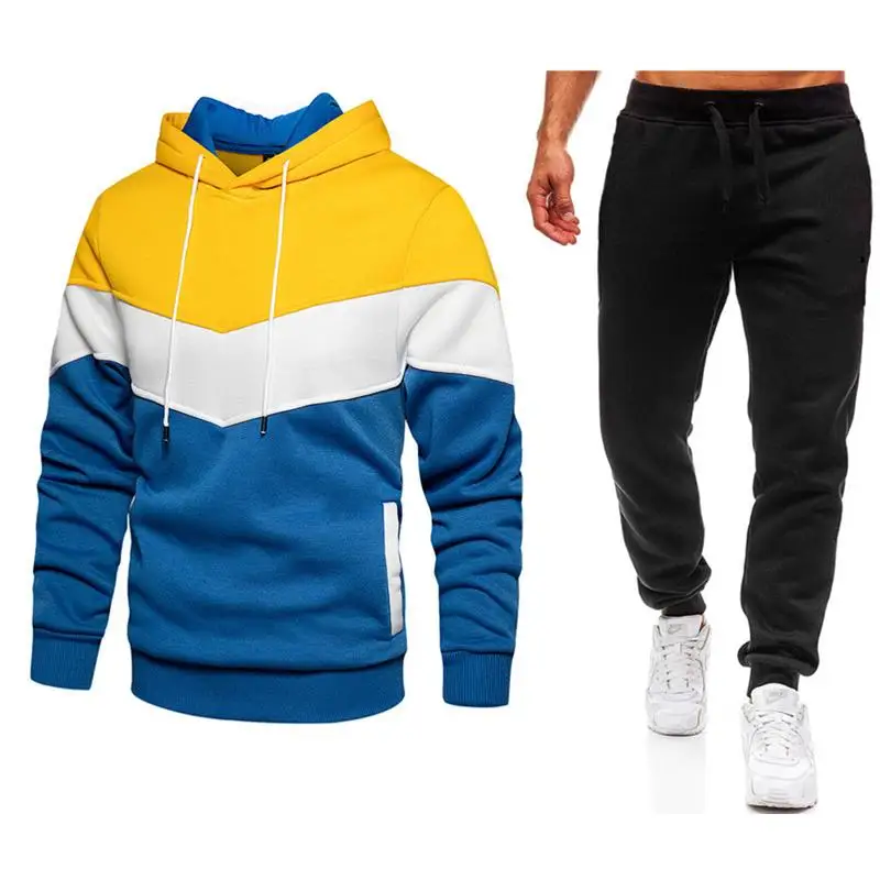 

Conjunto moletom de retalhos masculinos hoodies roupas casuais solto streetwear moda masculina outono inverno outwear + calas 2