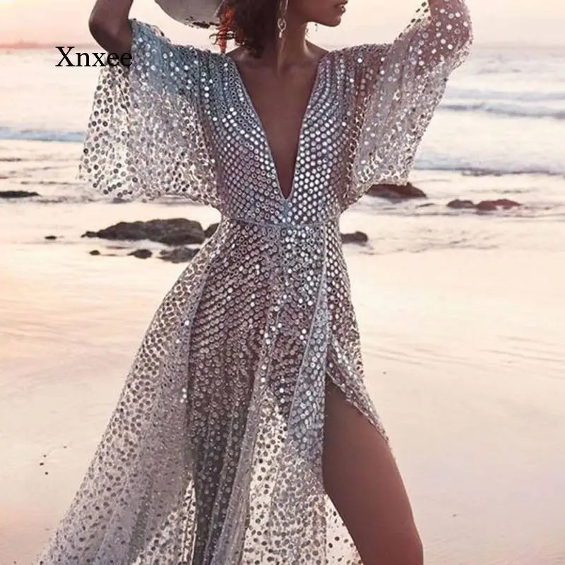 Глубокий v образный вырез открытая спина вечерние платья для женщин с блестками и