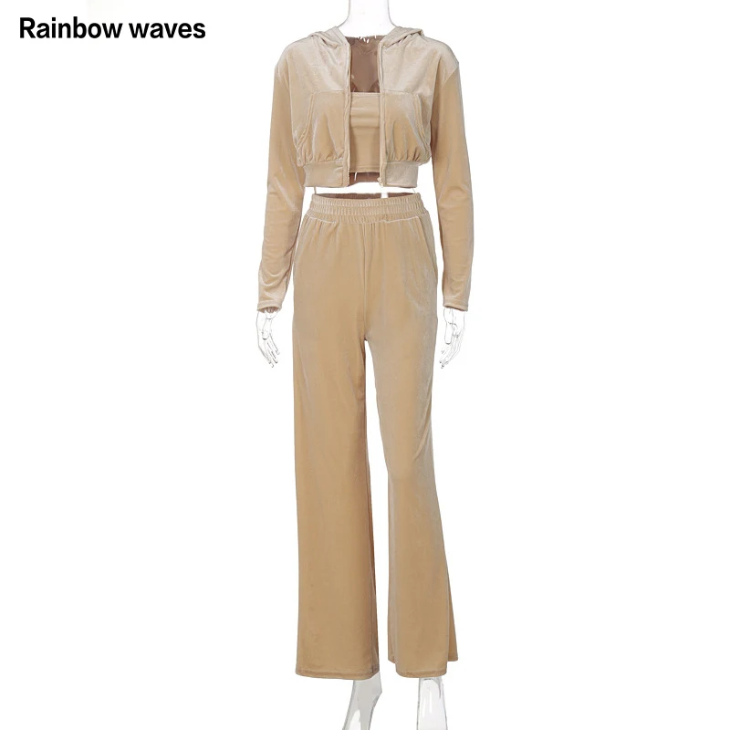 

Элегантный бархатный женский спортивный костюм Rainbowwaves, сексуальная майка, повседневный жакет с капюшоном, прямые брюки, однотонная спортив...