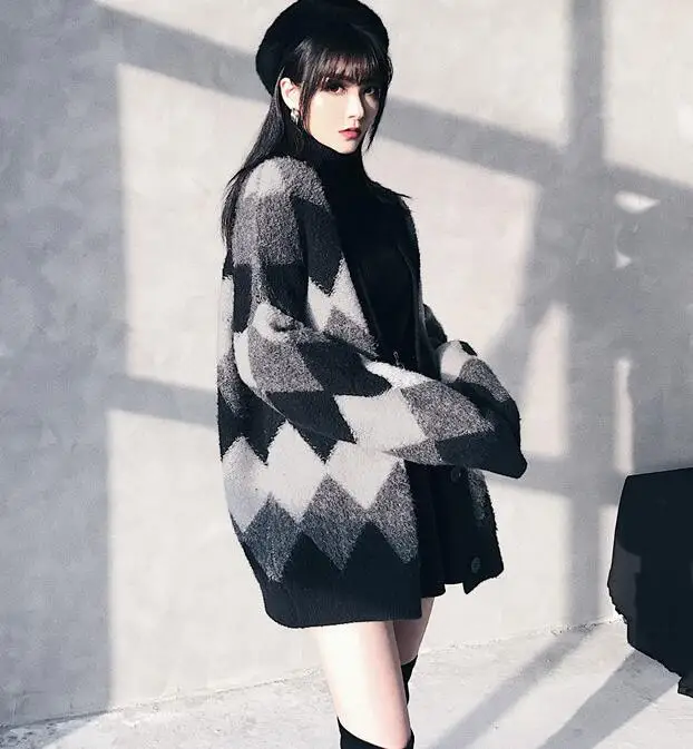 

Ruibbit Winer Women Gothic Harajuku Punk Loose Vintage Black White Cardigan Single Breasted Long Sleeve Sweater coat