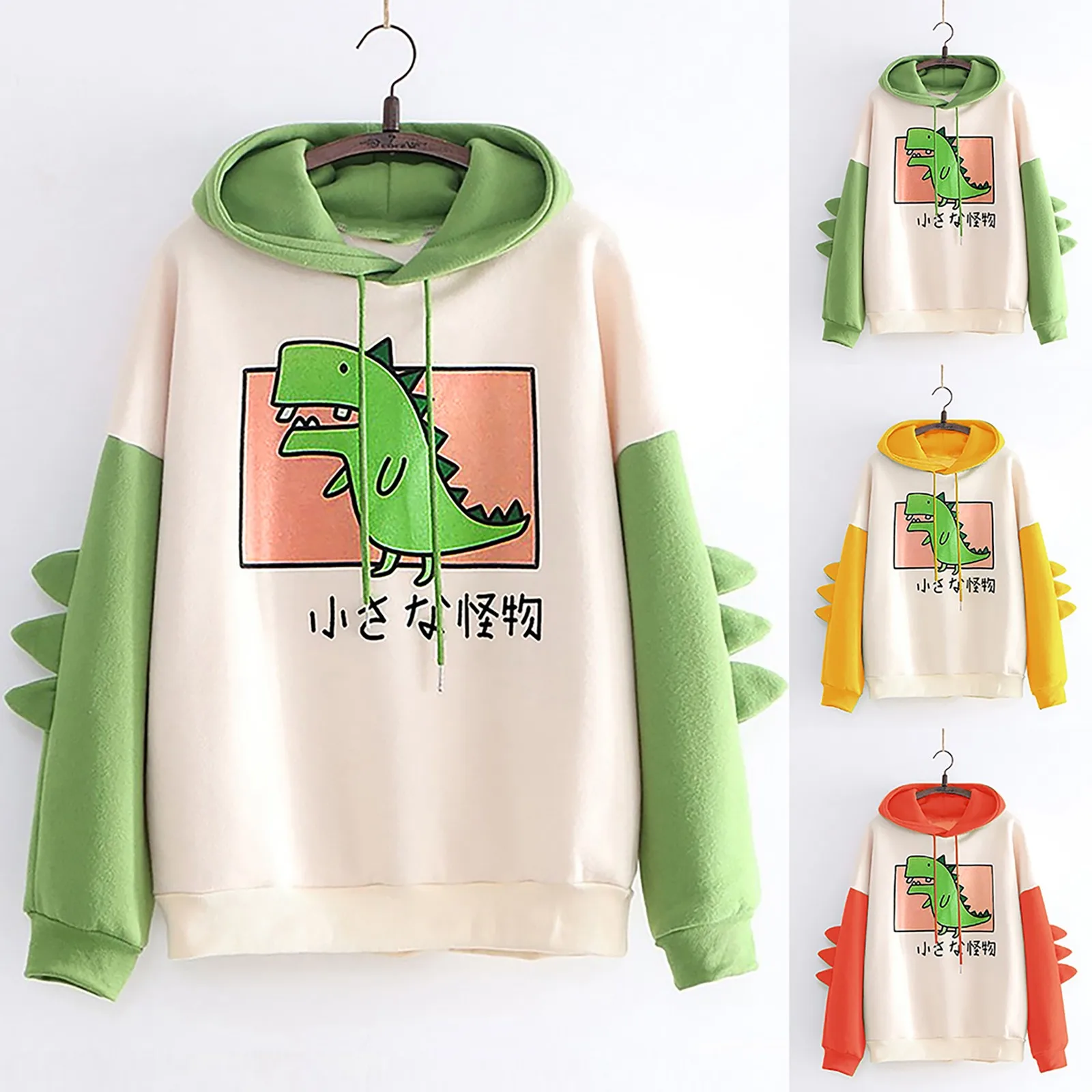 2021 Women Casual Print Long Sleeve Splice Dinosaur Sweatshirt Tops Sudaderas Fashion Hooded Sweatshirts Loose Outwear Hoodies