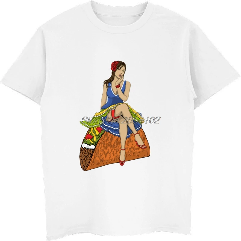 Pinup Lady Sit On A Taco Веселая Мужская футболка с мультяшным дизайном Сексуальная