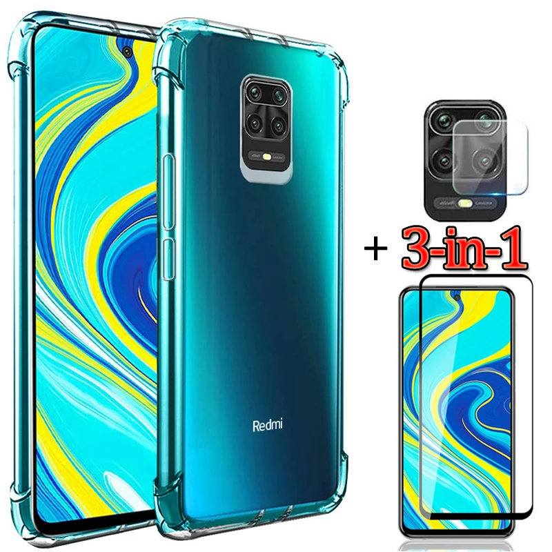 3 in 1capa стекло + подушка безопасности для чехол redmi note 9s мягкий прозрачный с анти