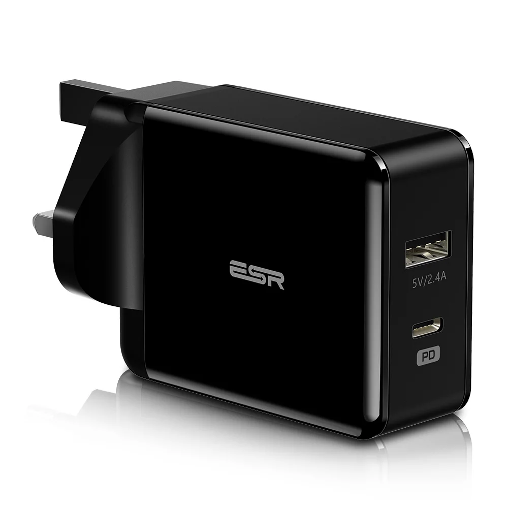 ESR USB C зарядное устройство 30 Вт двухпортовое зарядное устройство питания настенное зарядное устройство со складной вилкой PD 18 Вт порт для iPhone XS/XR/XS Max iPad - Тип штекера: Великобритания