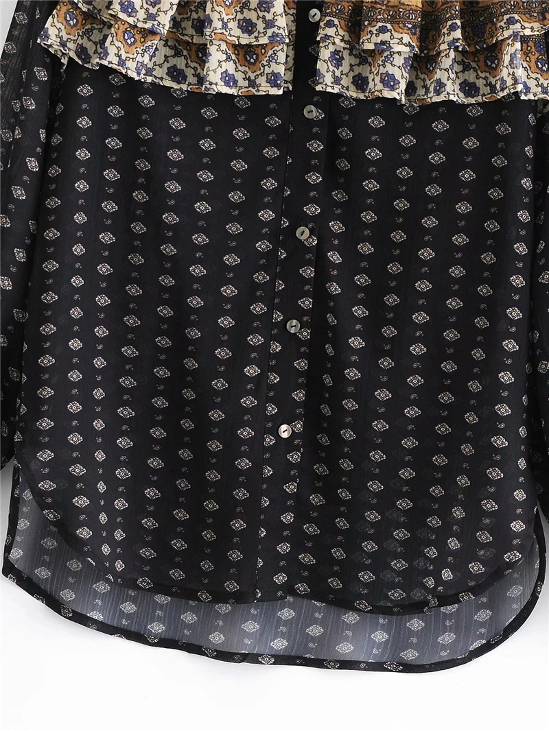 

Vintage Women Cascading Ruffles Shirts 2020 Fashion Ladies Chiffon Print Tops Streetwear Female Chic Stand Collar Loose Blouse