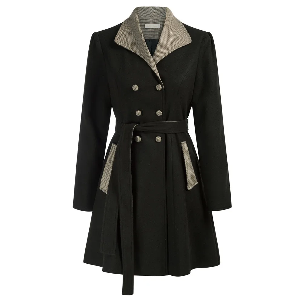 

Women Vintage Double Breasted Trench Coat Lapel Collar A-Line Peacoat With Belt-fitted Loops Matched Belt Removable