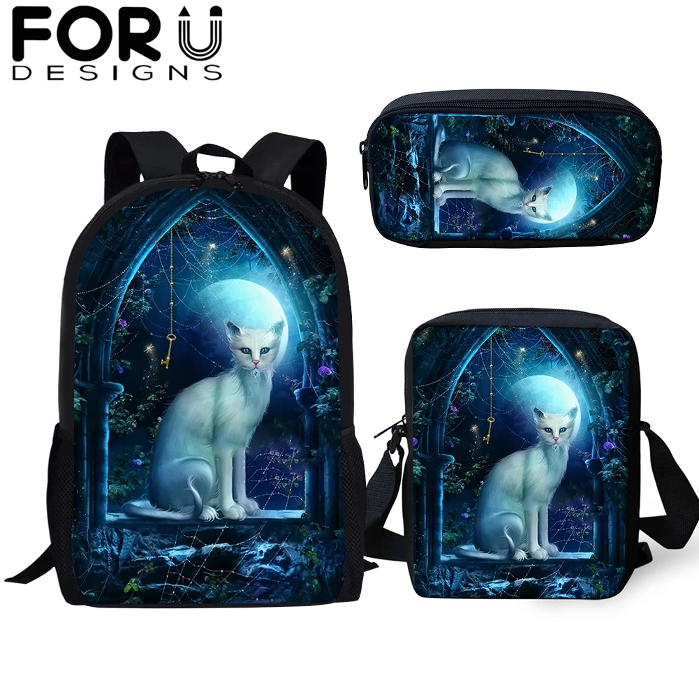 FORUDESIGNS/готический Черная кошка школьные сумки 3 шт./компл. для девочек и мальчиков Повседневное 3D Для женщин рюкзак ортопедический рюкзак детская дорожная сумка для книг