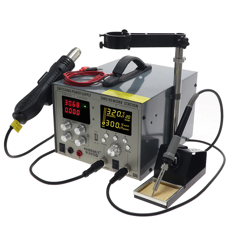 HANDSKIT 9305D SMD паяльная станция фена и паяльник для подключения к DC Питание для детей, на возраст от 0 до 30V 0-5A USB 5V 2A 4-в-1 паяльная станция