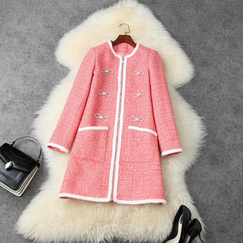 

Chic Women autumn Pink color O-neck tweed overcoat High quality elegant lady's coat B089