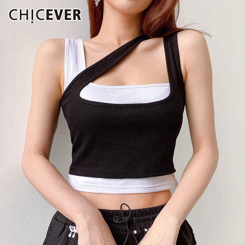 Жилет CHICEVER для женщин лоскутный асимметричный воротник без рукавов с открытыми