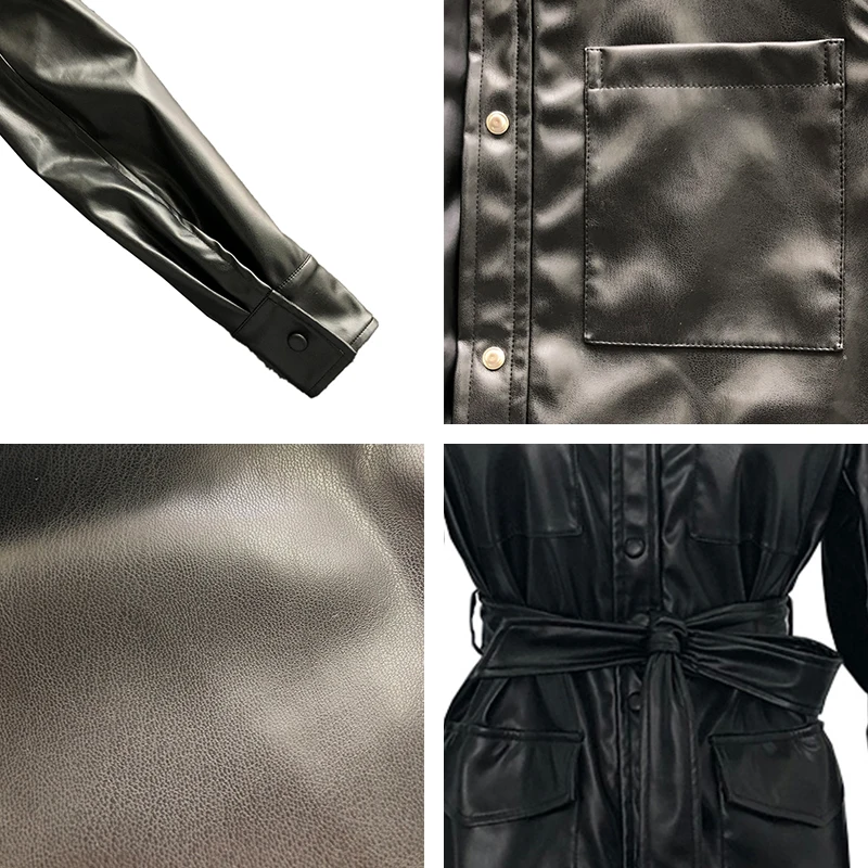 

Malina Turn Down Collar Tie Belt Blouses Women Fashion Casual PU Leather Shirts Women Elegant Front Breasted Tops Female Ladies