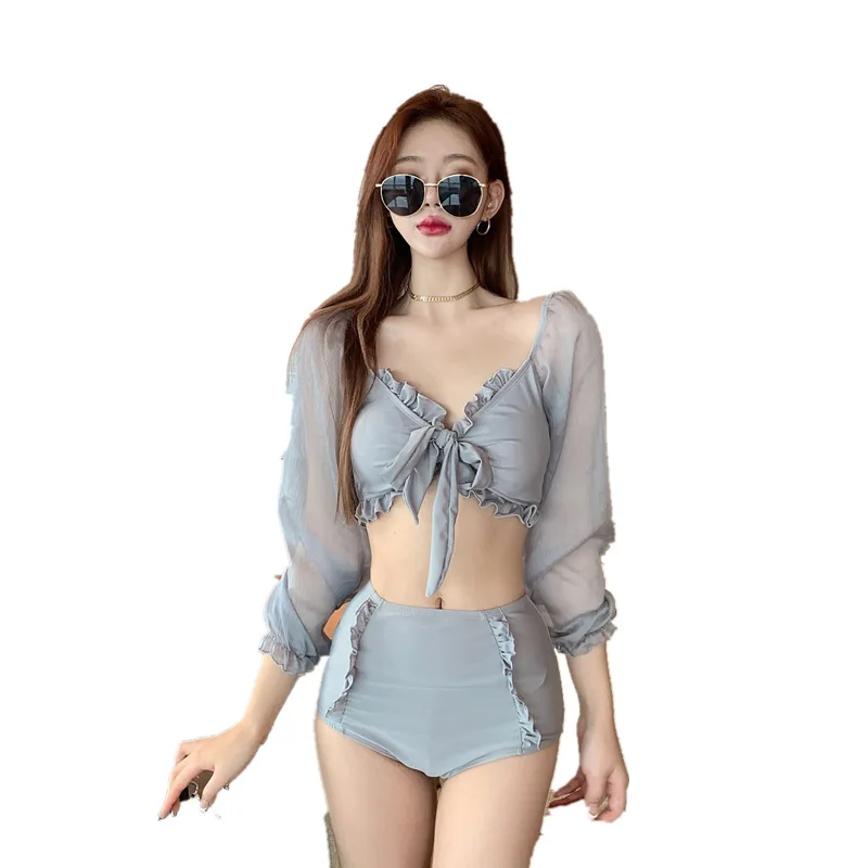 

New Net Red Thin Section Slit Belly Conservative Female College Students Soaking Hot Spring Ins Wind Long-Sleeved Swimsuit