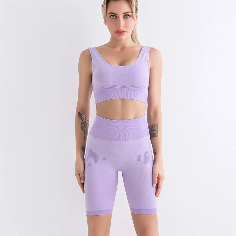 

Woman Tracksuits Crop Top Knitted Suit Sports Gym Leggings Shorts Yoga Kit Clothes Set Summer Seamless Outfit T-Shirt Cycling