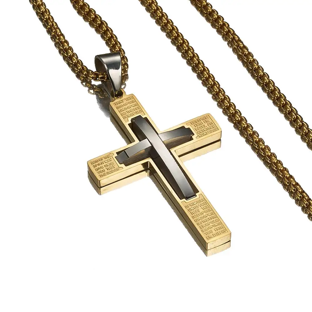 

Rock Hip Hop Men's Gold Tone Jesus Cross Pendant Necklace Gift 316L Stainless Steel Box Chain Necklace Jewelry Gift
