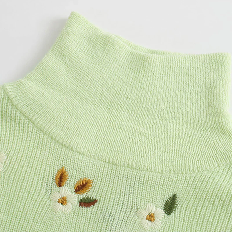 

vintage elegant embroidery flowers knitted sweater women 2020 fashion high neck long sleeve outwear casual tops
