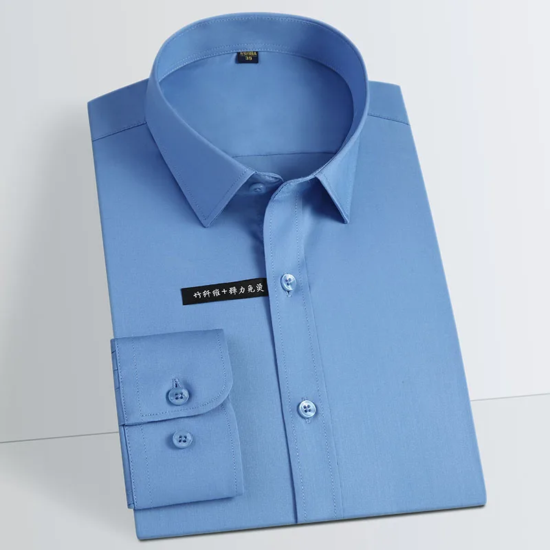 Men's Comfortable - Soft & Smooth Bamboo-fiber Dress Shirts Pocketless Long Sleeve Standard-fit Classic Office Easy-care Shirt