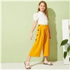 SHEIN Kiddie Girls Solid Button Side Pleated Palazzo Casual Pant Kids Bottom Summer High Waist Teenagers Loose Pants