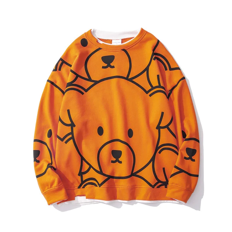 

Japanese Harajuku Hip Hop Bear Print Sweatshirts Men Spring and Autumn Loose O-Neck Cotton Hoodies Pullover Fashion Couple Tops