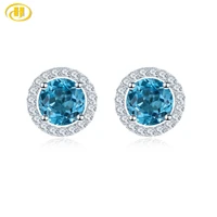 hutang round cut 5 0mm blue topaz 925 sterling silver stud earrings natural gemstone fine elegant women jewelry for gift