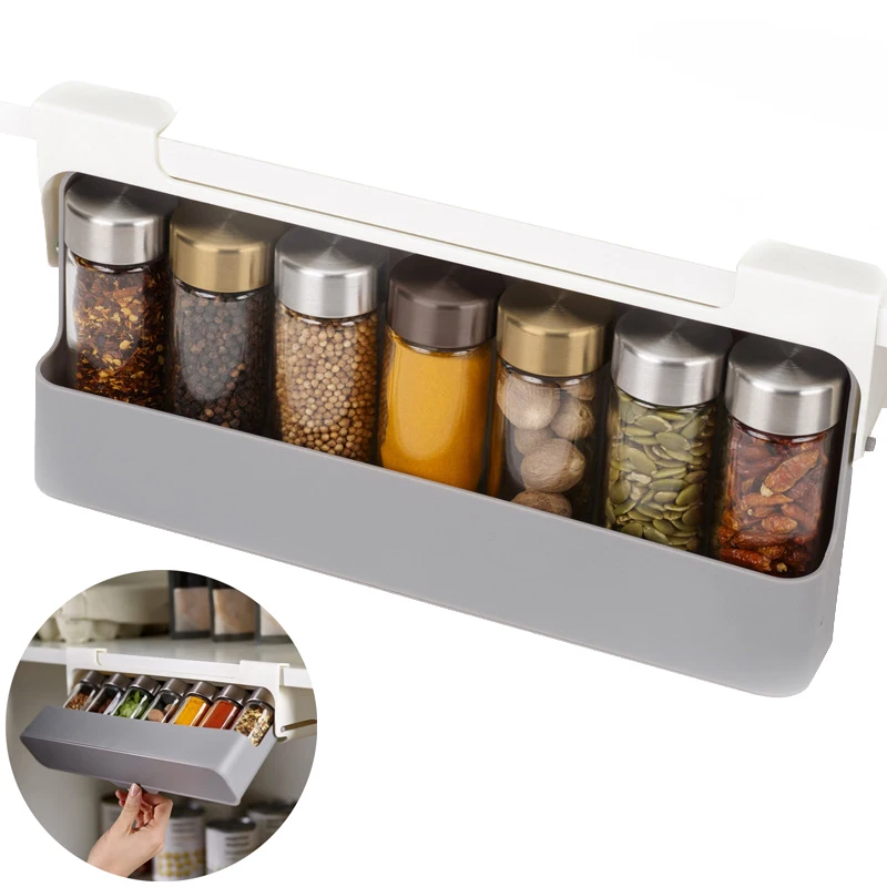 

Multi-use Self-adhesive Spice Rack Kitchen Spice Seasoning Bottle Storage Rack Under Desk Drawer Hidden With 6 Seasoning Bottles