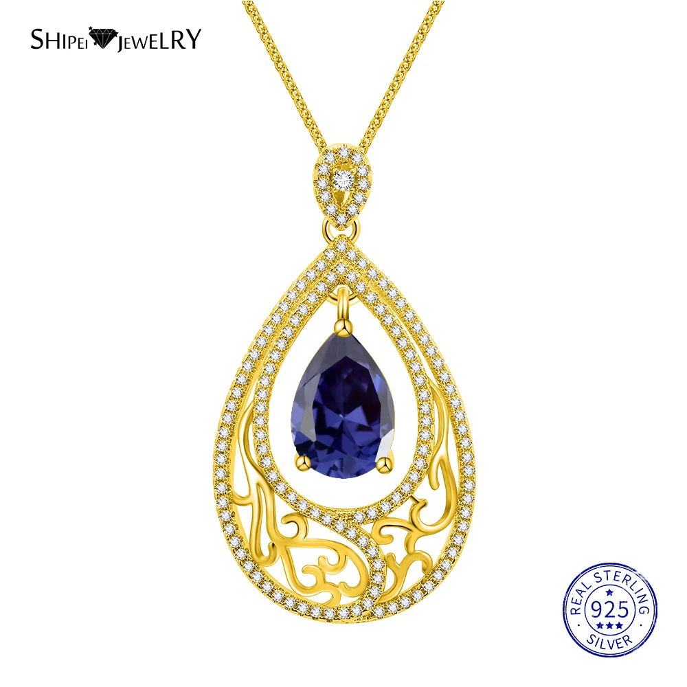 

Shipei 100% 925 Sterling Silver Fine Jewelry Ruby Emerald Sapphire Water Drop Pendant Necklace for Women Anniversary Gift