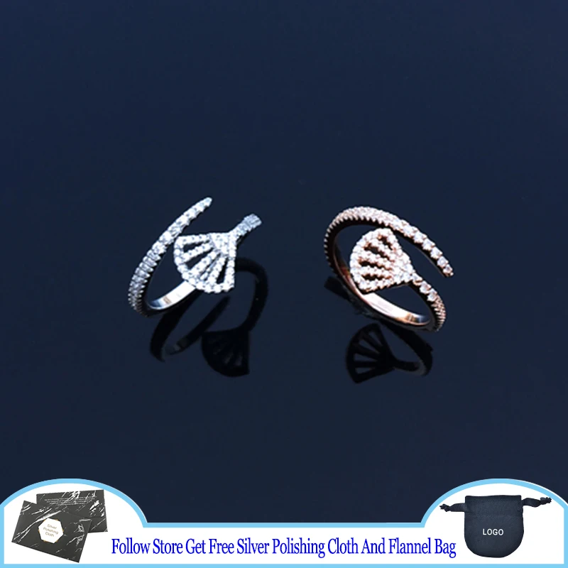 

S925 Sterling Silver Ring Fan-Shaped Ring Crystal Diamonds Open Fan Index Finger Ring Elegant Simple Light Luxury Brand Jewelry