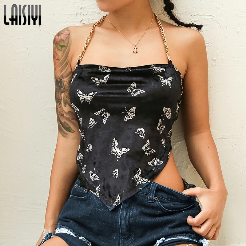 Топ женский укороченный с принтом бабочки пикантная бархатная майка открытой