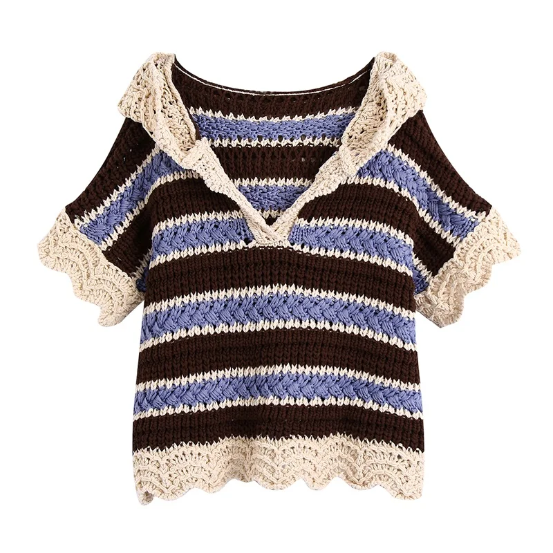 

Женский свободный трикотажный свитер MESTTRAF в полоску, винтажный пуловер с капюшоном и коротким рукавом, уличная одежда, 2021