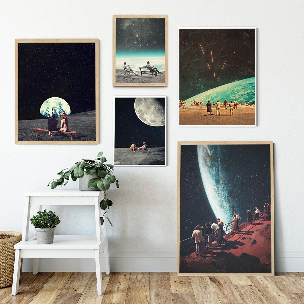 

Night Sky Art Prints Earth Couple Canvas Posters Surrealism Galaxy Space Moon Canvas Painting Cosmic Wall Pictures Sci-Fi Decor