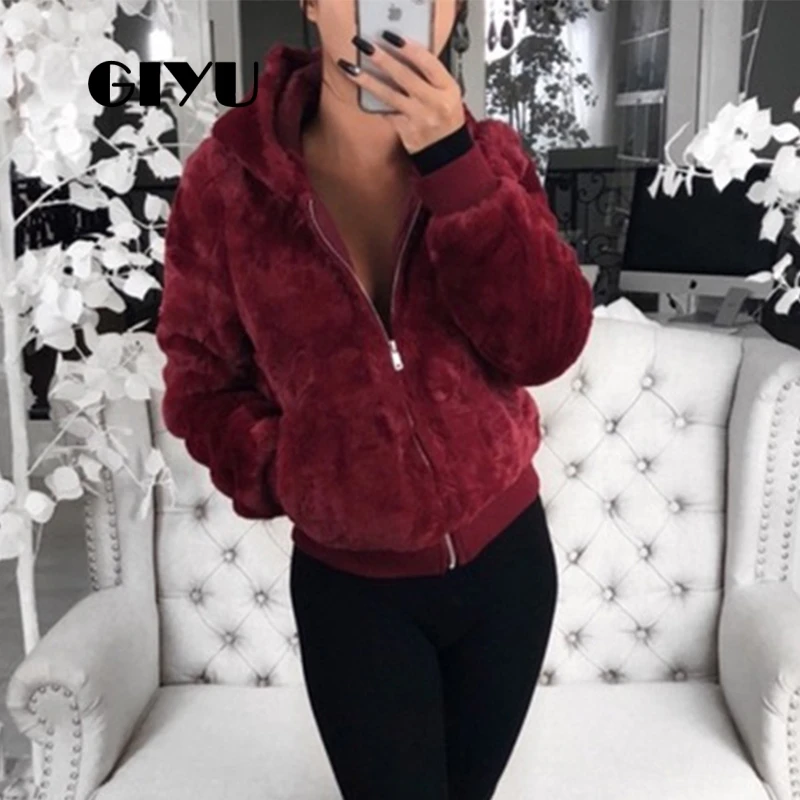GIYU 3XL Big Size Winter Teddy Fur Coat Hooded Women Faux Casual Zipper manteau fourrure femme | Женская одежда