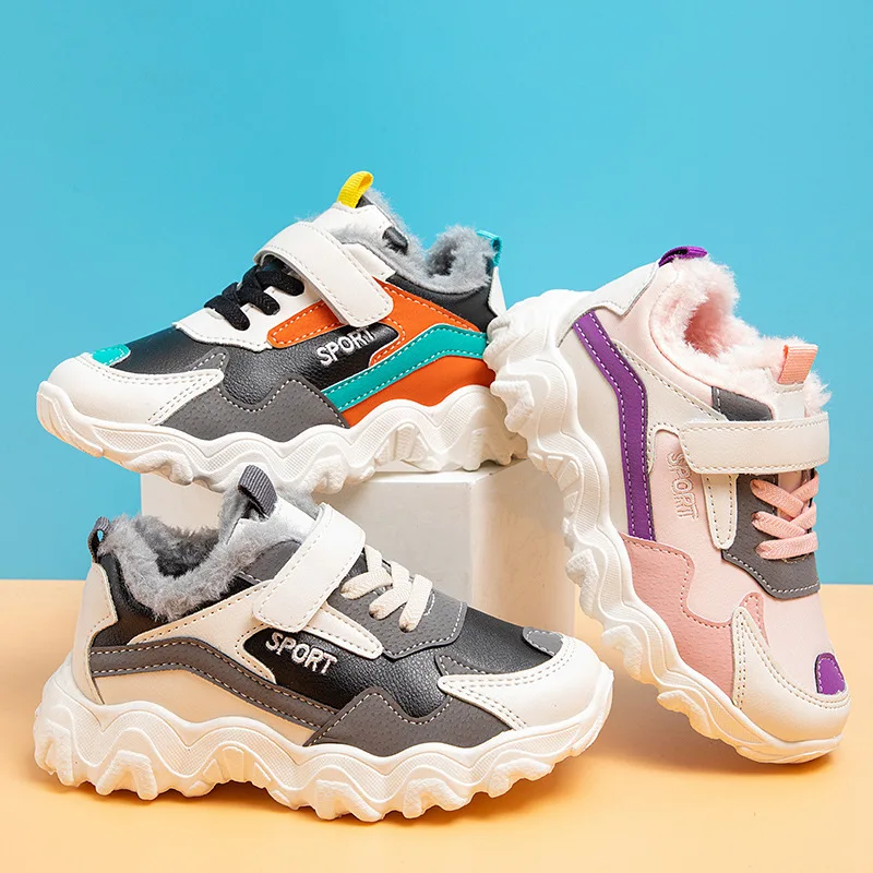 

Boys and Girls Winter Fleece Sports Shoes Sneakers Cotton Korean Warm Children Shoes Leather Waterproof Cotton Shoes for Kids