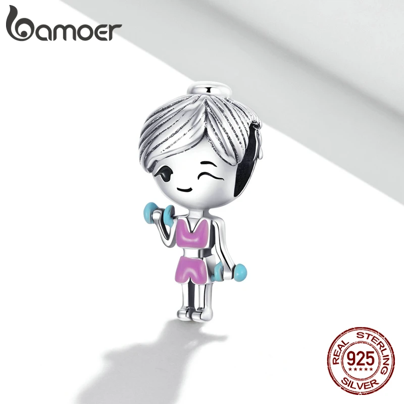 Genuine 925 Sterling Silver Gym Clothes Pink Workout Girl Dumbbell Charm Pendant Fit Original Bracelet Women Fine Jewelry Gift | Украшения