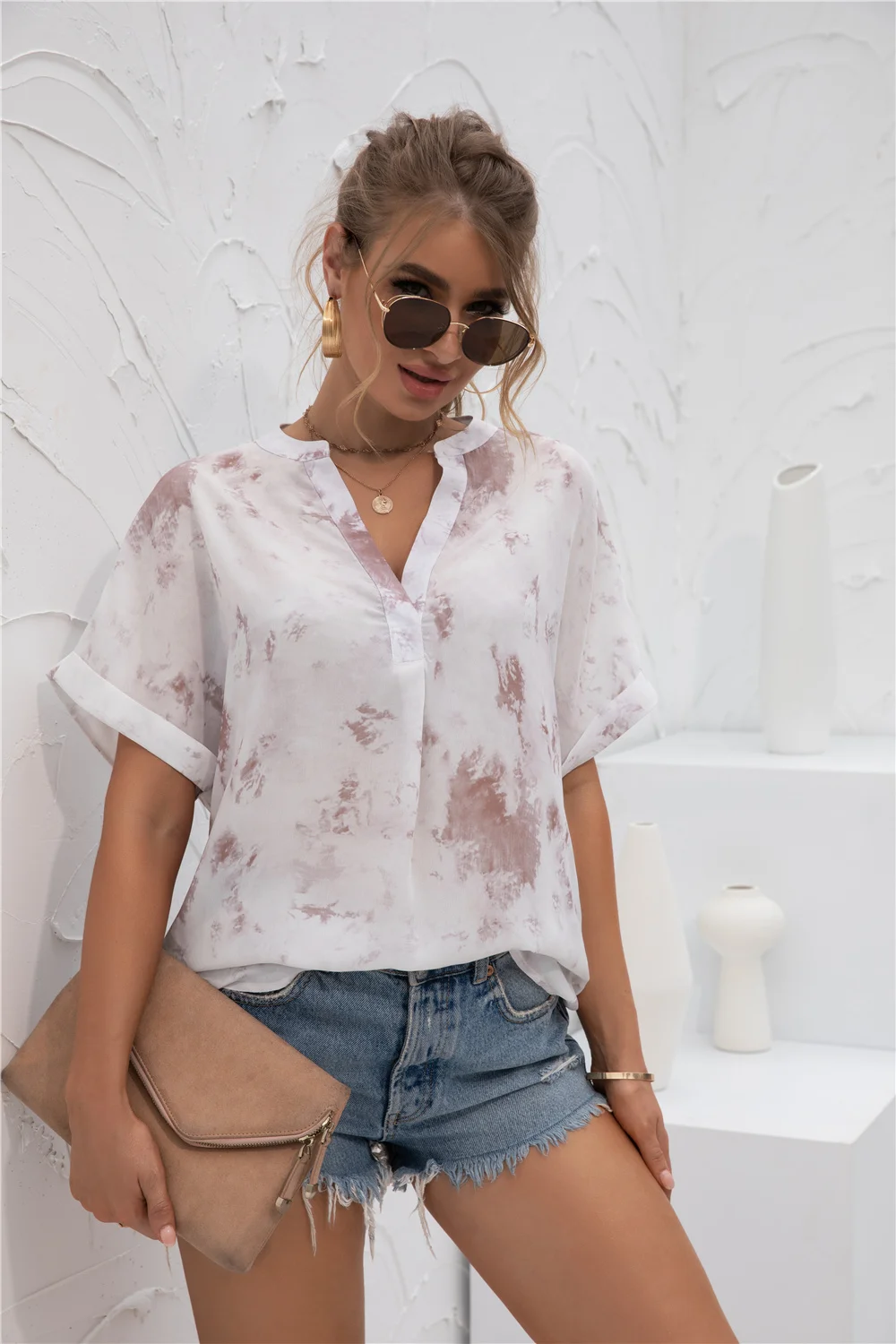 

Women's Elegant Tie-Dye Chiffon V-Neck Blouse Short Sleeve Formal Top Fashion Shirt Streetwear Office Formal Tops