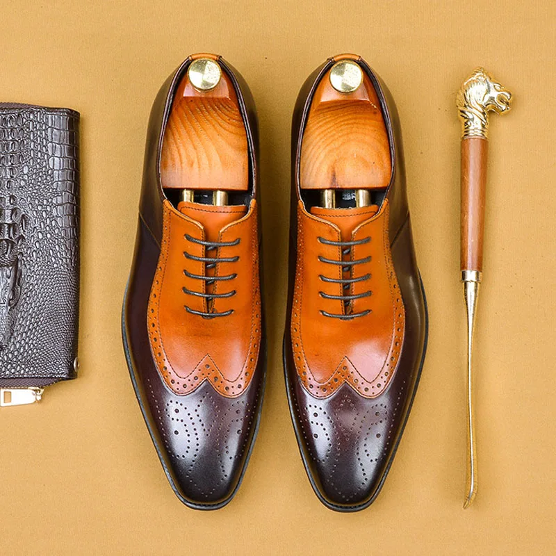 

Business Formal Shoes Classic Pointed Toe Lace Up Brock Carved Mixed Color Genuine Leather Oxford Dress Social Shoes Men A29