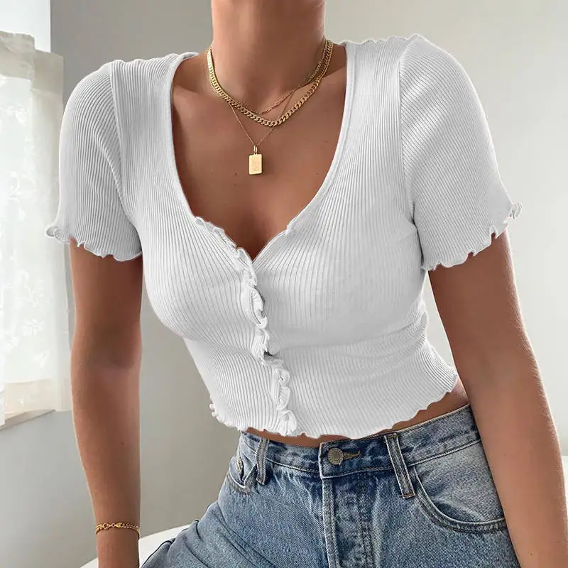 2021 Summer New Solid Color Ribbed Wavy Cropped Women's Short-sleeved Button Top Clothes Sexy Club Ladies Shirt for Women  - buy with discount