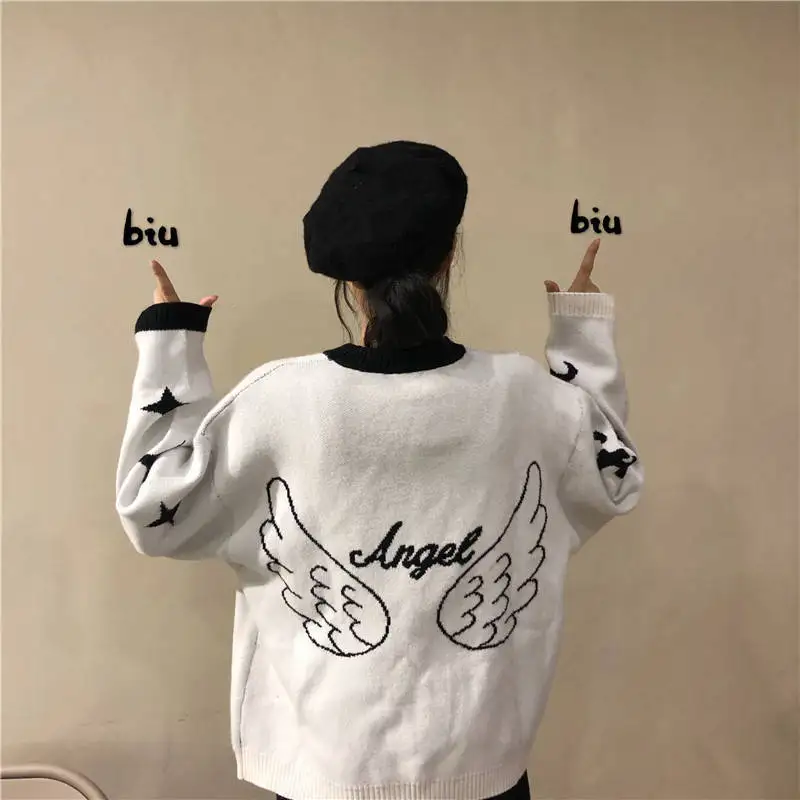 

Autumn Winter New Pullover Sweater 2020 Korean Cartoon Jacquard Knitted Tops Causal Long Sleeve O-neck Knitwear Cotton Polyester