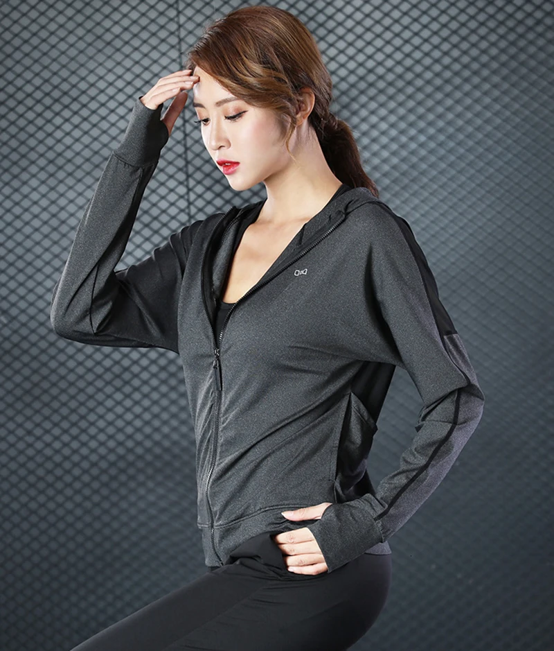 Женская Спортивная кофта с капюшоном длинным рукавом для йоги фитнеса