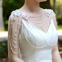 elegant wedding dress pearl crystal shoulder chain jewelry flower lace beaded breast chain design woman tassel necklace accessor
