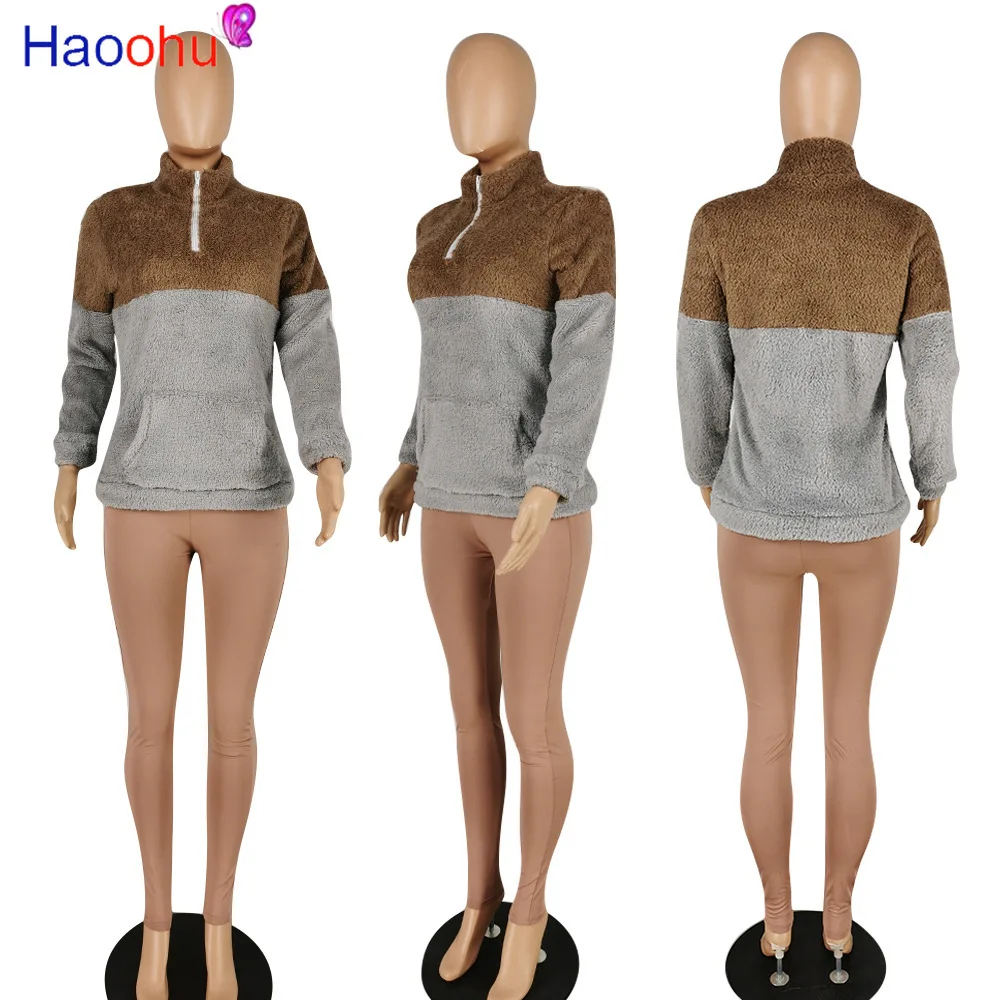 

HAOOHU Women Patchwork Plush Hoodies Two Piece Set Fleece turtleneck Long Sleeve Sweatshirts Top Pencil Pants Casual Tracksuit