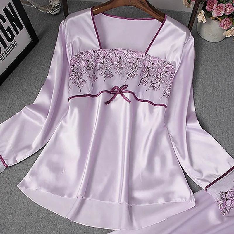 2021 New Women's Pajamas Sets Silk Home Wear Fashion Lace Nightwear Long Sleeve Trousers Nightgown Suit Sleepwear Slash Neck